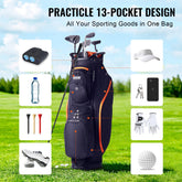 Golf Cart Bag With 14 Way Organizer Divider Top, 36” 13 Pockets Premium Cart Bag, Durable Golf Bags With Handles & Dust Cover & Detachable Straps For Men & Women, Black & Orange - PULSE MART