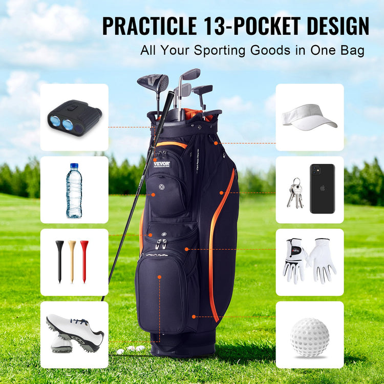 Golf Cart Bag With 14 Way Organizer Divider Top, 36” 13 Pockets Premium Cart Bag, Durable Golf Bags With Handles & Dust Cover & Detachable Straps For Men & Women, Black & Orange - PULSE MART
