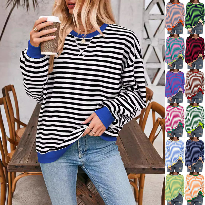 Loose Striped Long Sleeve T-shirt Casual Pullover Sweater For Womens Clothing - PULSE MART