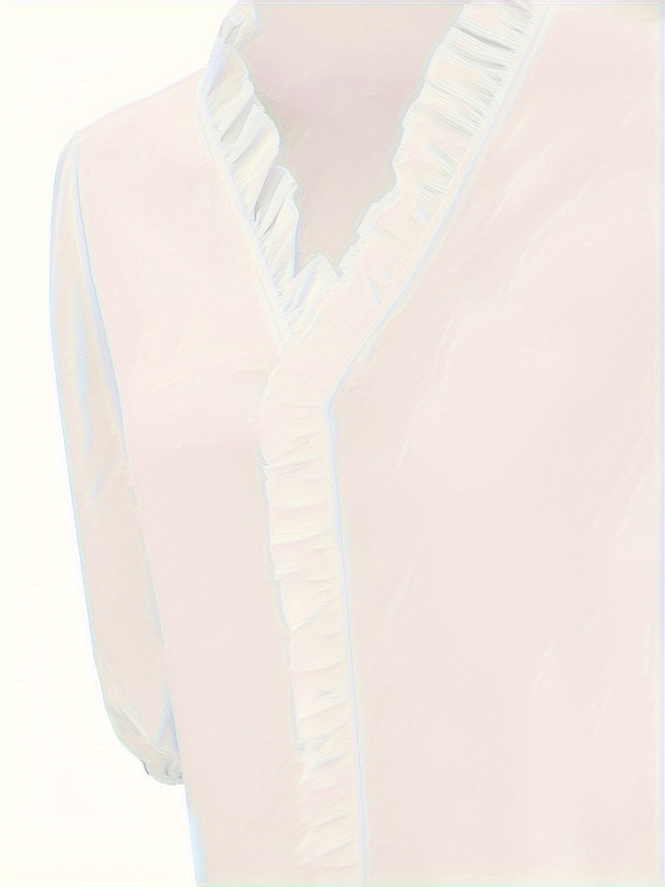 Pure Color Ruffle Hemline Shirt, Casual V-neck Long Sleeve Shirt. - PULSE MART