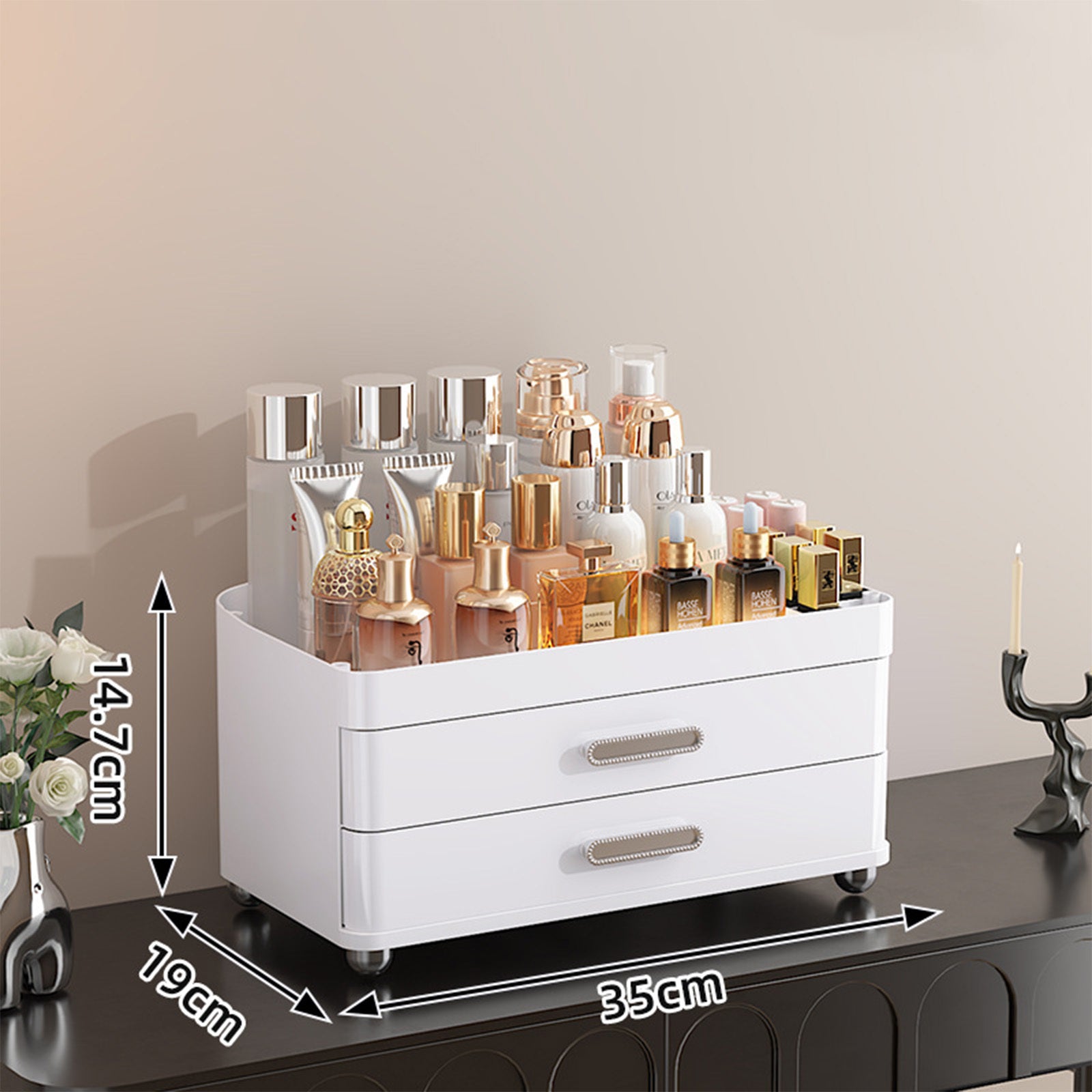 2 Drawers Makeup Organizer - 4 Tier Bathroom Organizers And Storage, Versatile Perfume Vanity Organizer, Ideal For Cosmetic, Large Skincare, Face Mask, Office Supplies - PULSE MART