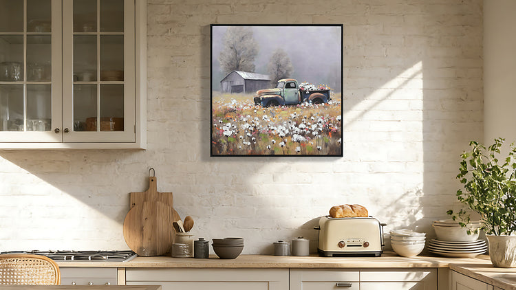 Farmhouse Old Truck Canvas Wall Art, Old Barn Pictures Wall Art, Country Antique Pickup Truck Canvas Prints, Blue Truck With Red Floral Flower Art Prints For Farmhouse Spring Decor 24 Hx24 W Inches - PULSE MART