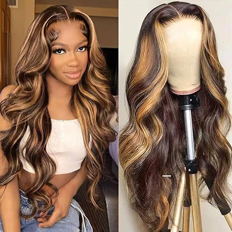 4x4 Lace Closure Human Hair Wig Highlight P4 27 Body Wave Density - PULSE MART