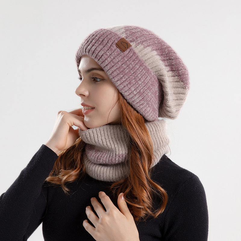 2pcs Knitted Hat Suit With Scarf Winter Two-color Hat And Thick Warm Earflaps Wool Scarf - PULSE MART