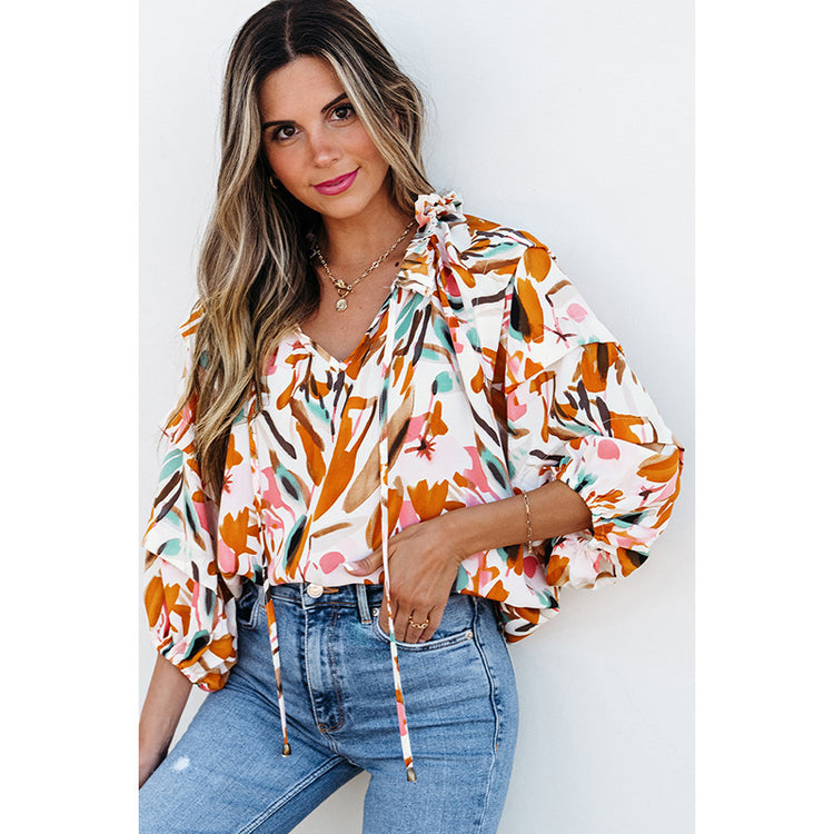 European & American Fashion Colorblock Printed Vneck Chiffon