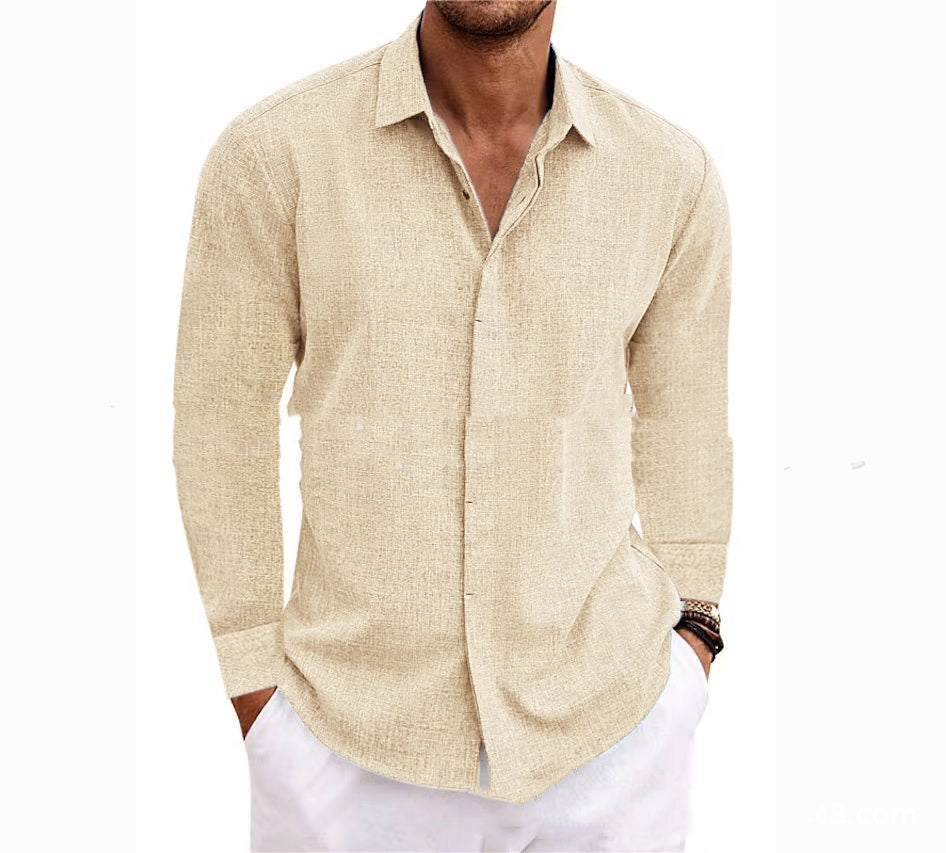 Long Sleeve T-shirt Undershirt Solid Color Long Sleeve Cotton Linen Shirt Men - PULSE MART