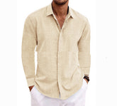 Long Sleeve T-shirt Undershirt Solid Color Long Sleeve Cotton Linen Shirt Men - PULSE MART