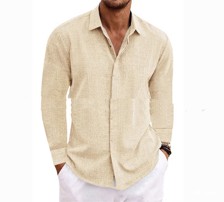 Long Sleeve T-shirt Undershirt Solid Color Long Sleeve Cotton Linen Shirt Men - PULSE MART