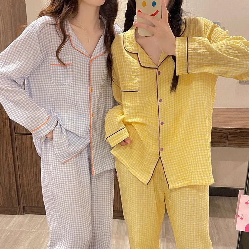 Yellow Plaid Long Sleeve Couple Simple Homewear Suit - PULSE MART