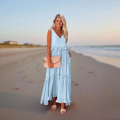 Casual V-neck Pleated Loose Flowy Ruffled Dress - PULSE MART