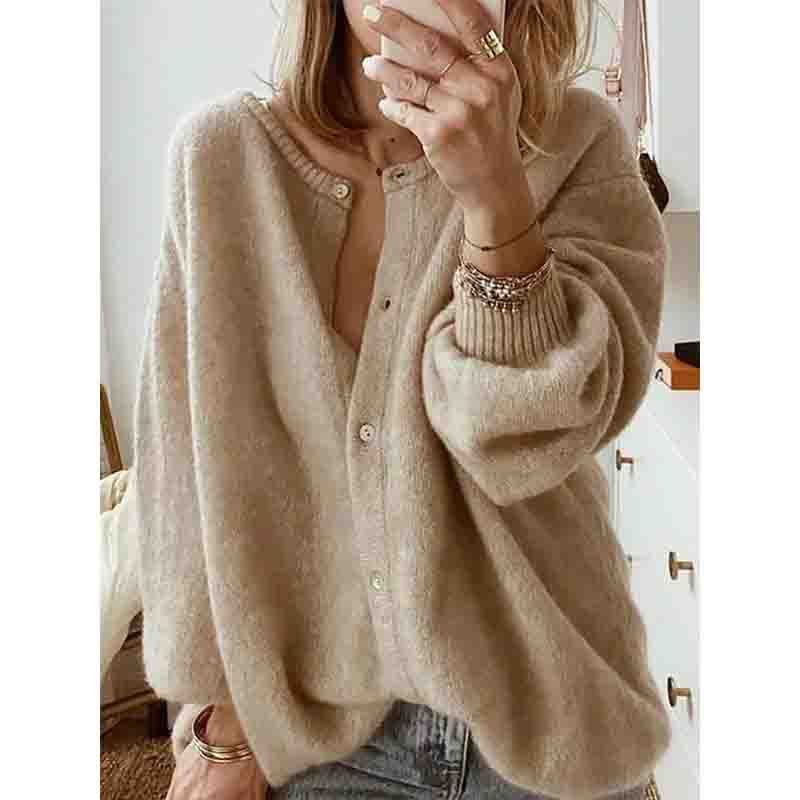 Plus Size Knit Cardigan Sweater with Lantern Sleeves - PULSE MART