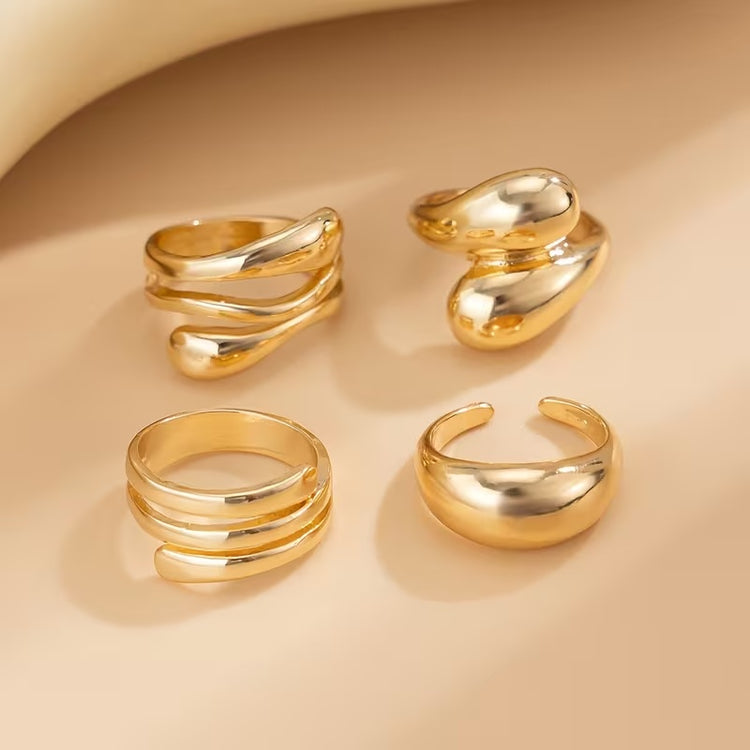 A Set Of 4 Elegant And Minimalist Golden Rings, Adjustable Open Rings For Women, Featuring A MultiLayer Spiral And Teardrop Geometric Design, Suitable For All Seasons - PULSE MART