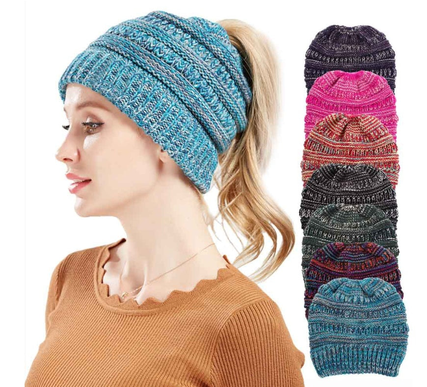 Mixed Color Knitted Wool Hat Ladies Non-labeled Ponytail Hat - PULSE MART