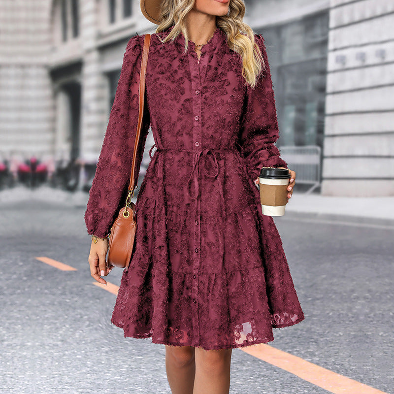 Lace Tied Long Sleeve Dress Fashion Medium Length Dresses Womens Clothing - PULSE MART