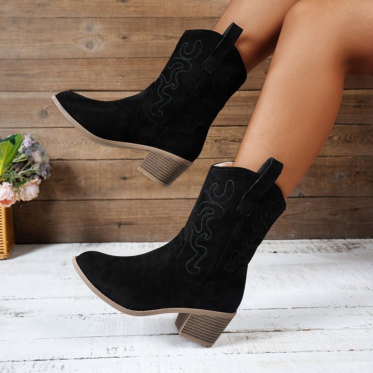 Pointed Toe Western Boots Fashion Retro Embroidered Chunky Square-heeled Mid-calf Boot For Women - PULSE MART