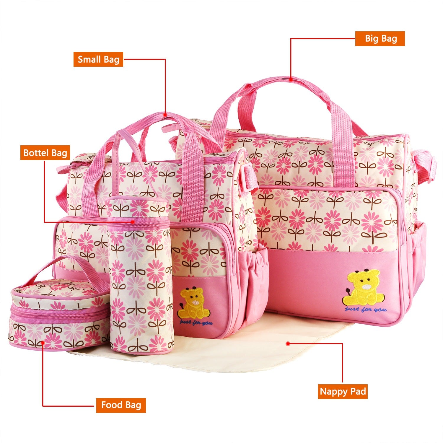 5PCS Per Set Baby Nappy Diaper Bags Set Mummy Diaper Shoulder Bags WithNappy Changing Pad Insulated Pockets Travel Tote Bags For Mom Dad - PULSE MART