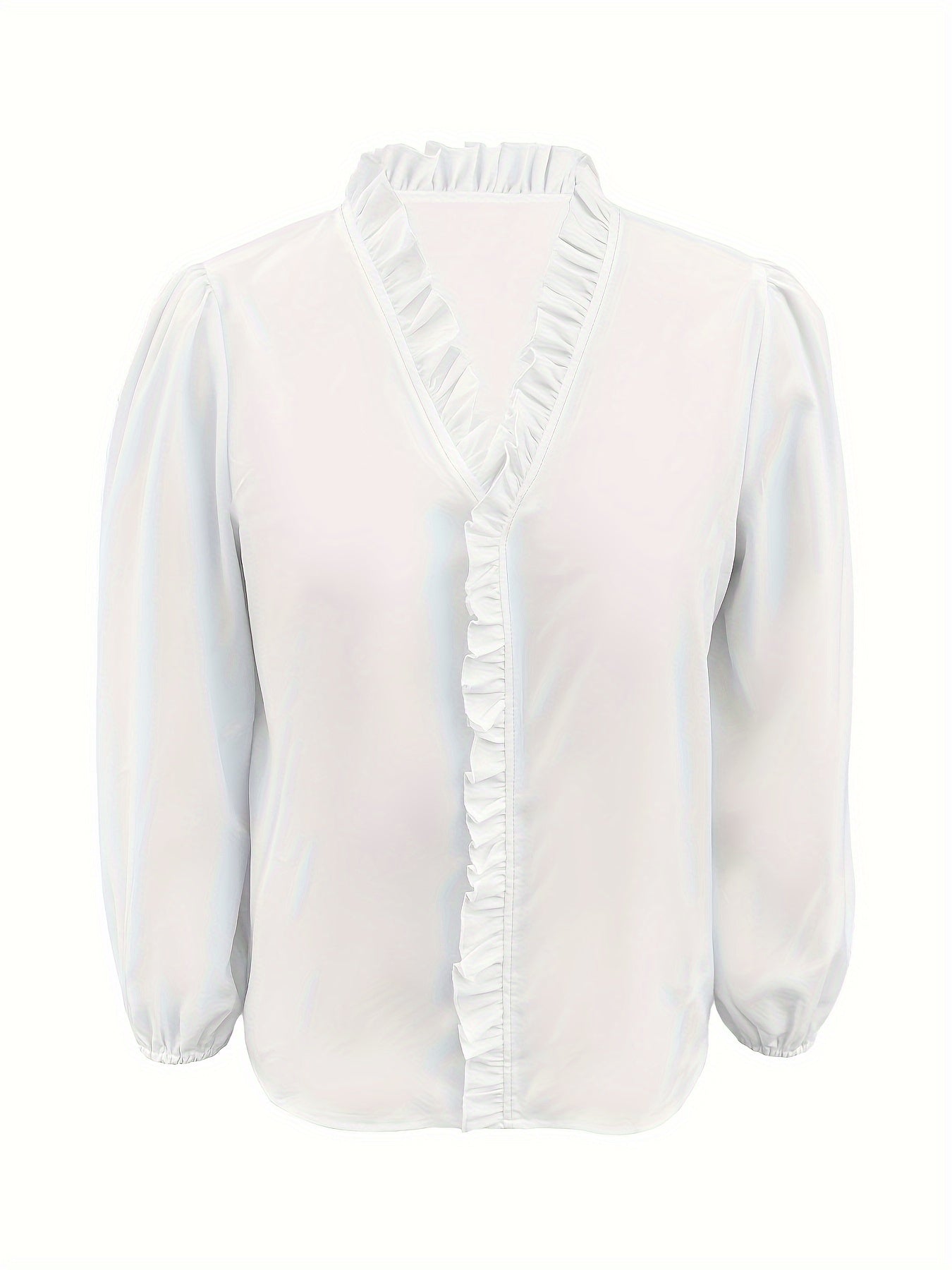 Pure Color Ruffle Hemline Shirt, Casual V-neck Long Sleeve Shirt. - PULSE MART