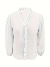 Pure Color Ruffle Hemline Shirt, Casual V-neck Long Sleeve Shirt. - PULSE MART