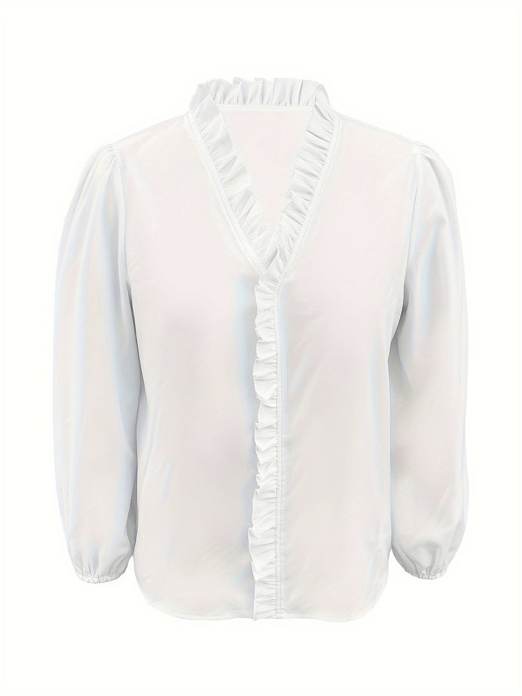 Pure Color Ruffle Hemline Shirt, Casual V-neck Long Sleeve Shirt. - PULSE MART