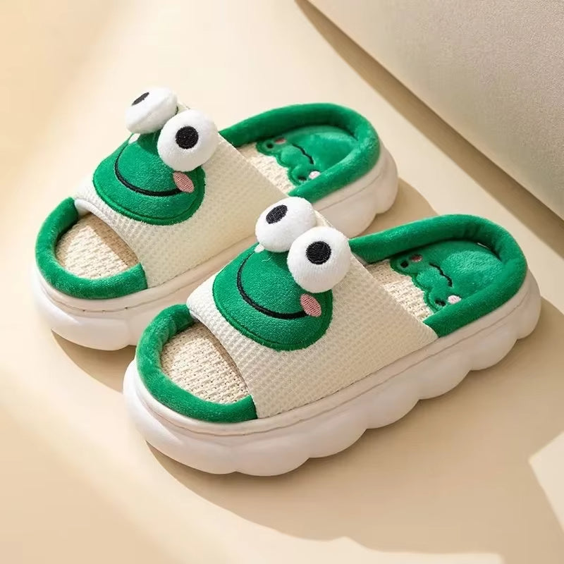 Frog Slippers For Women Men Cartoon Animal Cotton Slippers Fuzzy Plush Slides Winter Warm House Slippers Cartoon Animal Shape Slippers, Womens Four Seasons Home Linen Slippers - PULSE MART
