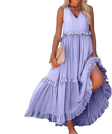 Casual V-neck Pleated Loose Flowy Ruffled Dress - PULSE MART
