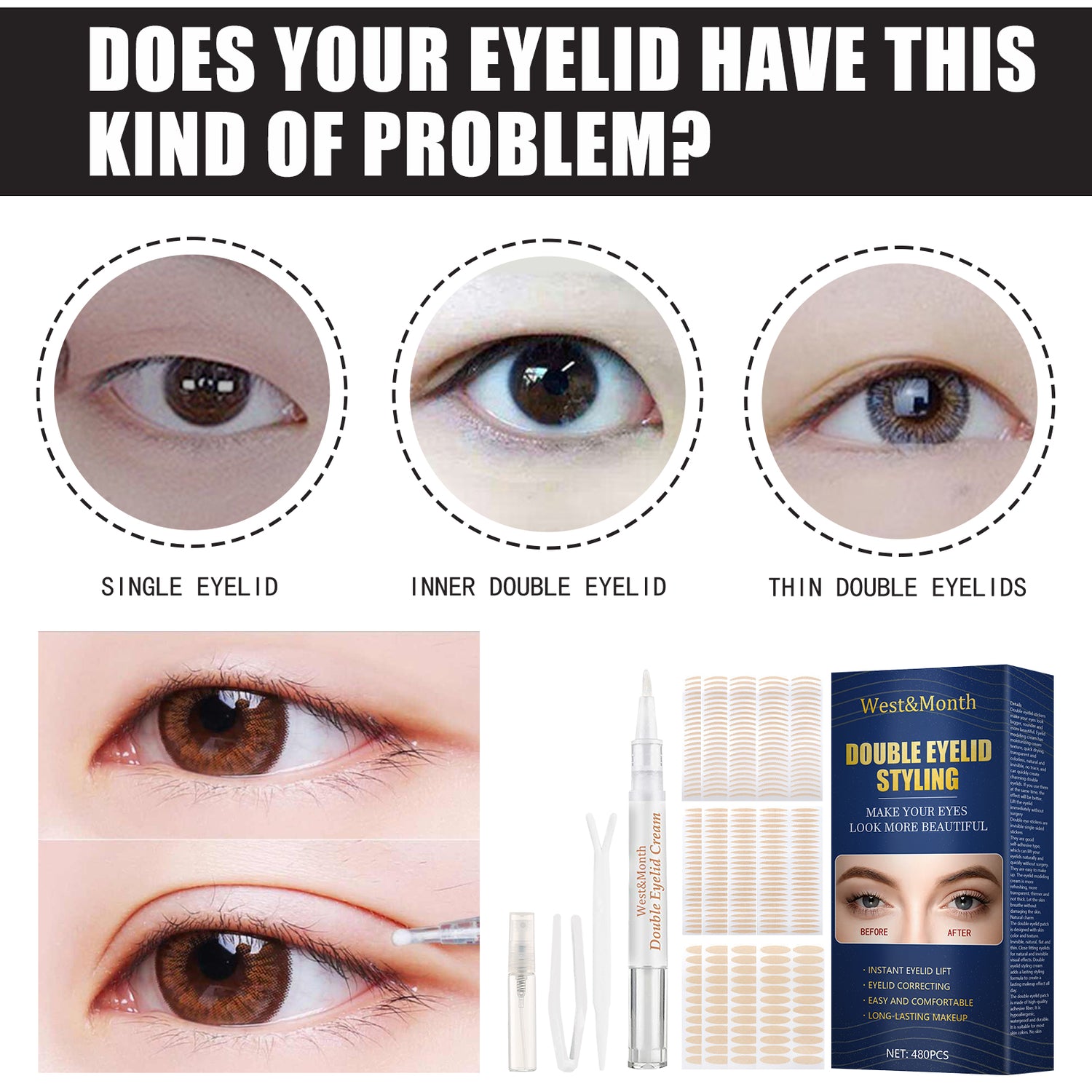 West&Month Double Eyelid Tape - Invisible, No-Glue, Natural Mesh Adhesive, Activates With Water, Beautiful Eyes, Olive Shaped Lace - PULSE MART