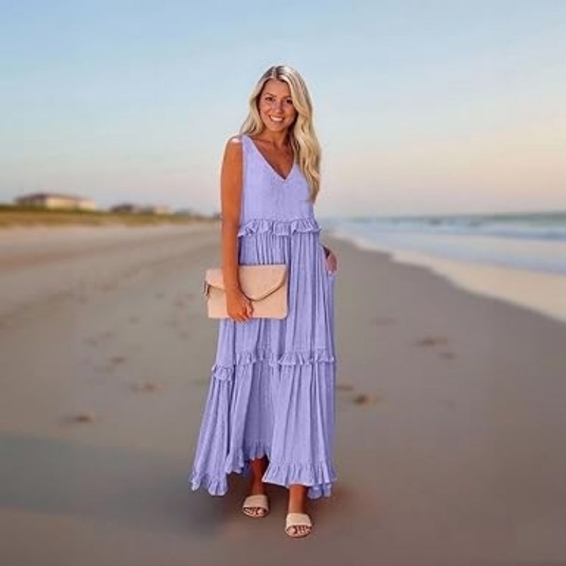 Casual V-neck Pleated Loose Flowy Ruffled Dress - PULSE MART