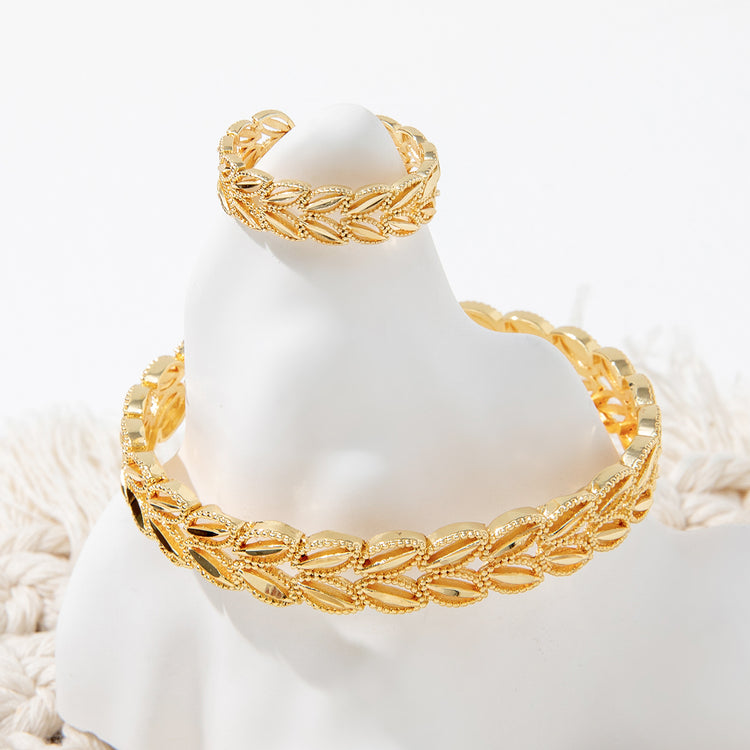 2Pcs Fashion 18k Gold Plated Wheat Ear Leaves Opening Bracelet Ring Set Suitable For Women&