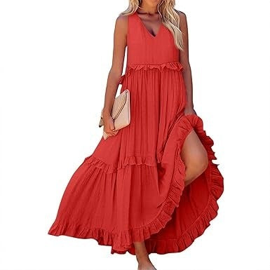 Casual V-neck Pleated Loose Flowy Ruffled Dress - PULSE MART