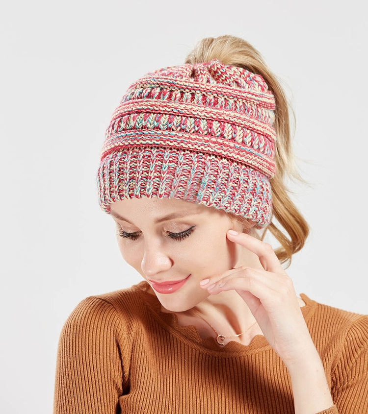 Mixed Color Knitted Wool Hat Ladies Non-labeled Ponytail Hat - PULSE MART