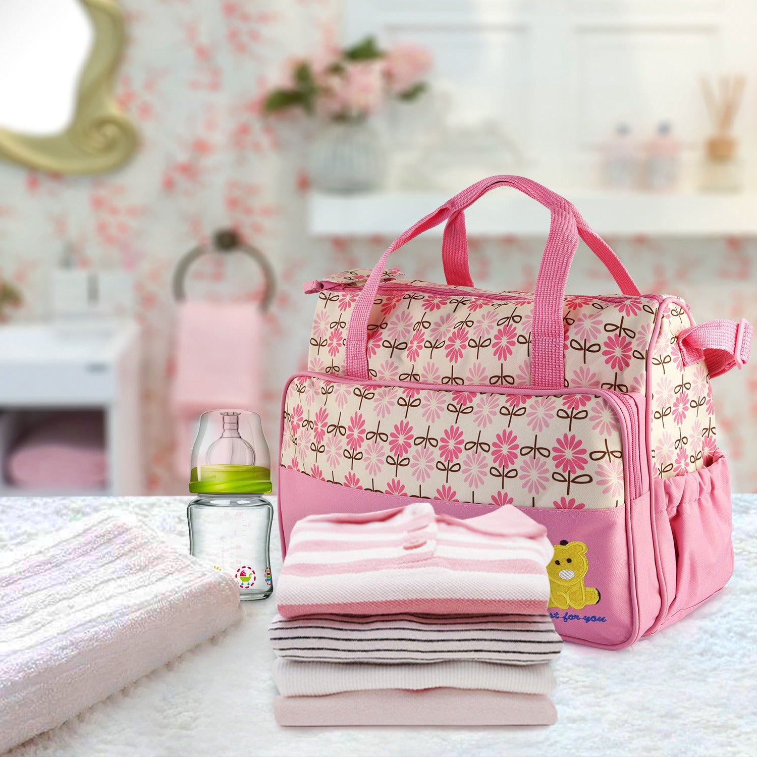 5PCS Per Set Baby Nappy Diaper Bags Set Mummy Diaper Shoulder Bags WithNappy Changing Pad Insulated Pockets Travel Tote Bags For Mom Dad - PULSE MART