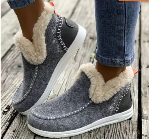 Fleece-lined Thick Plush Boots Warm Sewing Flat Cotton Shoes Winter Ankle Boot - PULSE MART