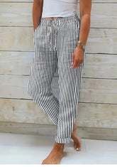  Striped Cotton Linen Elastic-waist Trousers Buckle Casual