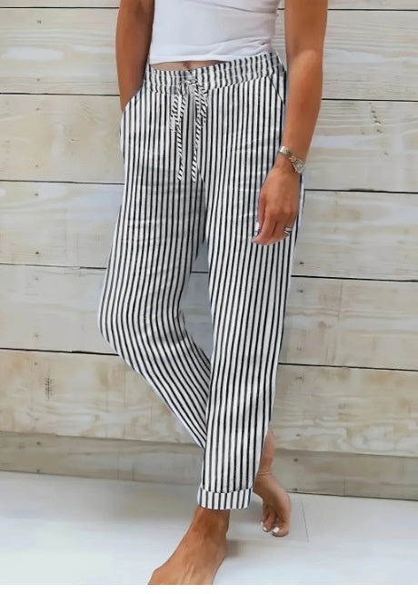  Striped Cotton Linen Elastic-waist Trousers Buckle Casual