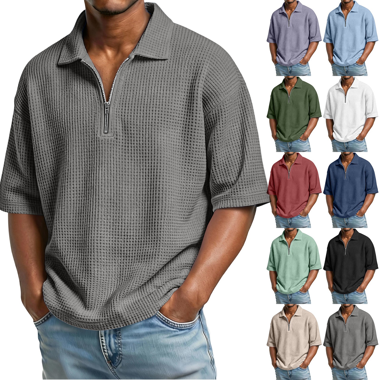 Men's Waffle-Weave Short-Sleeved Shirts Summer Solid Color Lapel Polo Shirt T-Shirt Beach Style Tops - PULSE MART