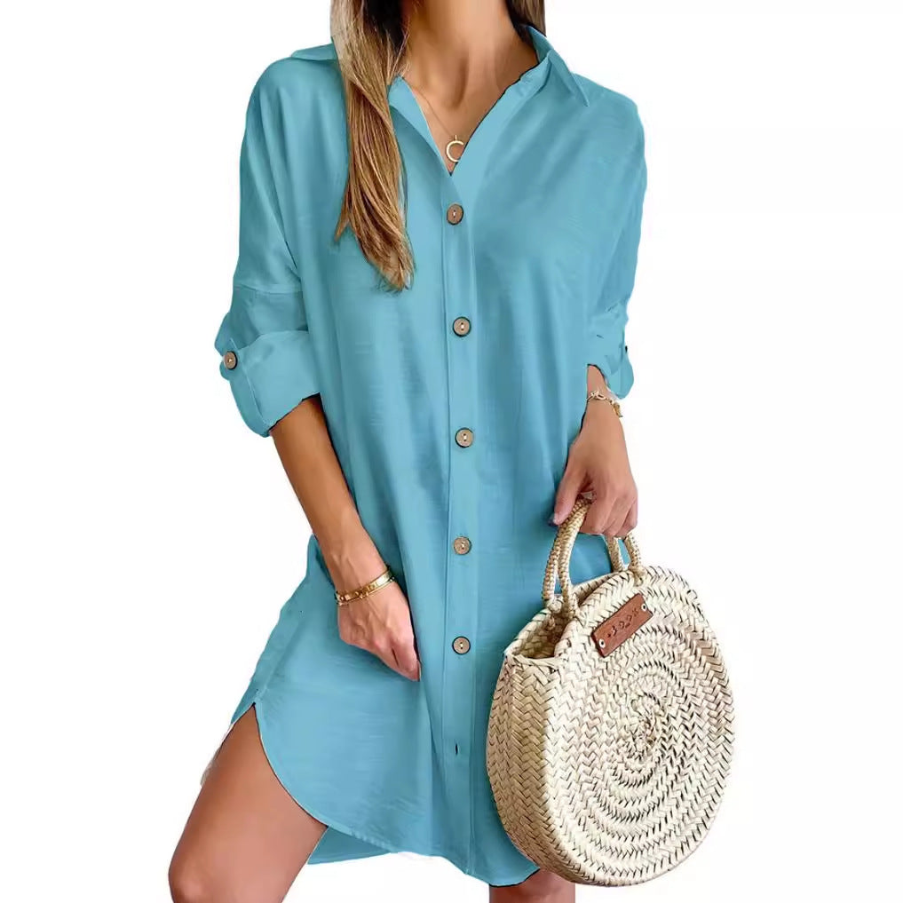 Women's Autumn Long Sleeve Button-Down Shirtdress - PULSE MART