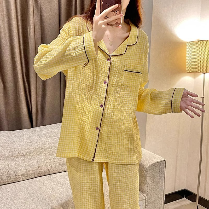 Yellow Plaid Long Sleeve Couple Simple Homewear Suit - PULSE MART