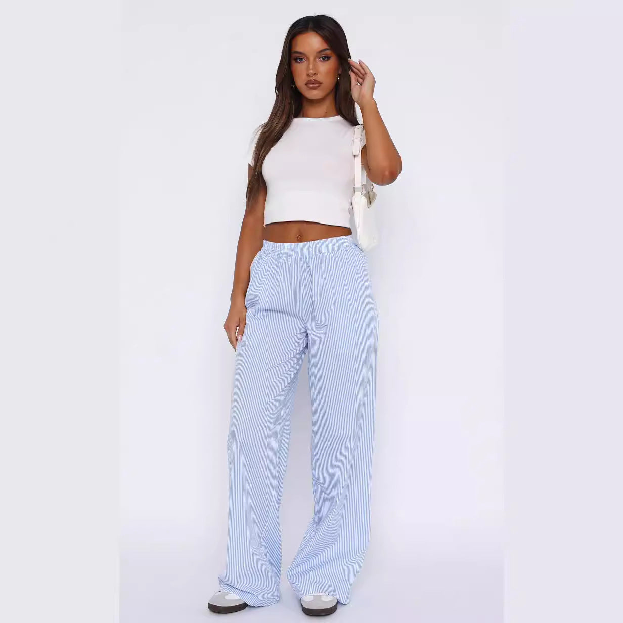 Fashion Y2K Striped Straight Trousers Summer Elastic High Waist Wide Leg Pants For Women - PULSE MART