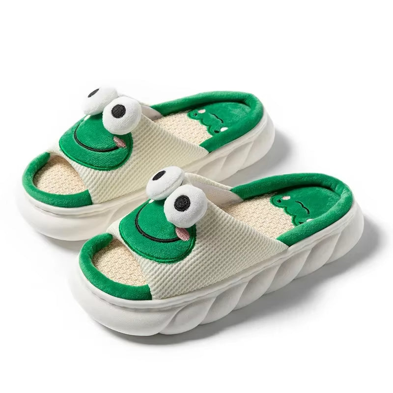 Frog Slippers For Women Men Cartoon Animal Cotton Slippers Fuzzy Plush Slides Winter Warm House Slippers Cartoon Animal Shape Slippers, Womens Four Seasons Home Linen Slippers - PULSE MART