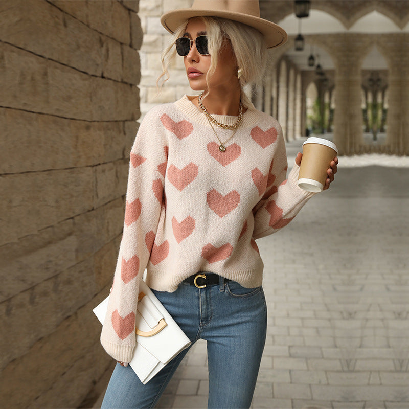 Fashion Love Print Knitting Sweater Casual Pullover Long-sleeved Top Womens Clothing - PULSE MART