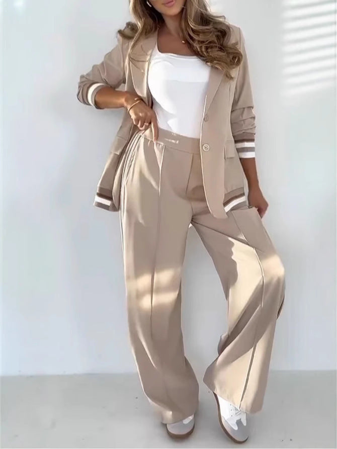 2 Pcs Set Women Suit Coat Pants Suit Lapel Long Sleeves Lady Jacket Wide Leg High Waist Trousers Female Commuting Office Outfit - PULSE MART