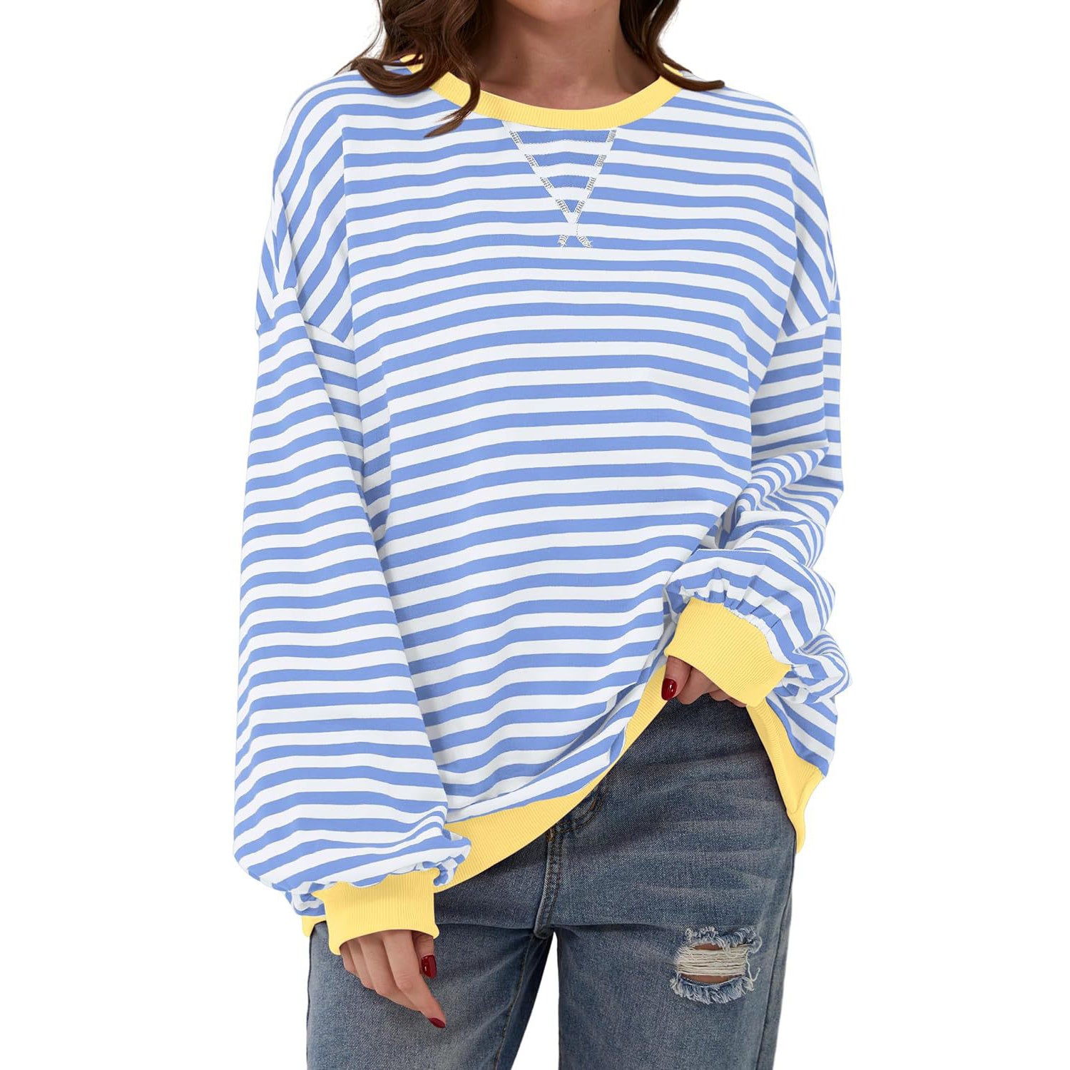 Loose Striped Long Sleeve T-shirt Casual Pullover Sweater For Womens Clothing - PULSE MART