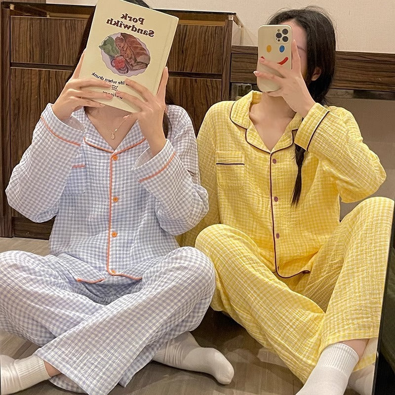 Yellow Plaid Long Sleeve Couple Simple Homewear Suit - PULSE MART