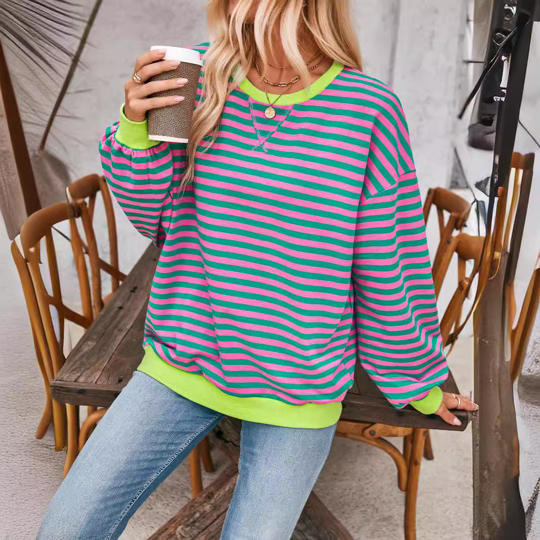 Loose Striped Long Sleeve T-shirt Casual Pullover Sweater For Womens Clothing - PULSE MART