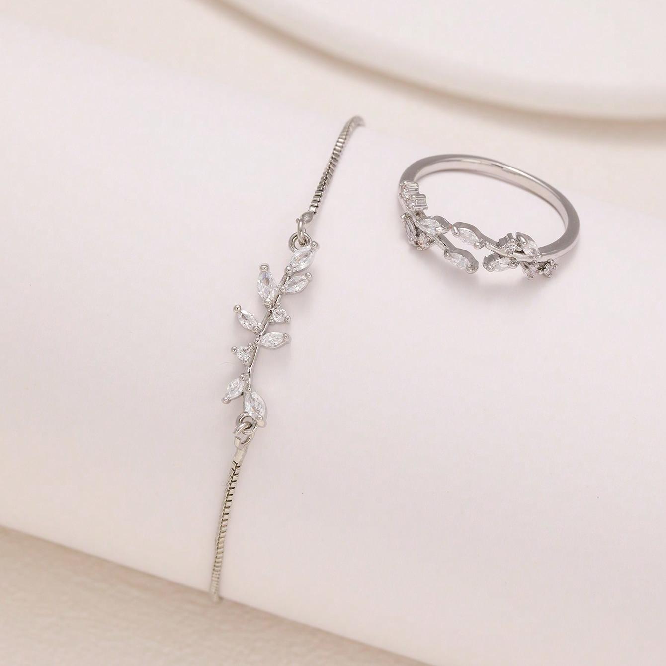 2pcs Fashion Silver Horse Eye Crystal Zircon Leaf Bracelet And Ring,Pulling Bracelet Suitable For Women&