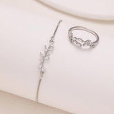 2pcs Fashion Silver Horse Eye Crystal Zircon Leaf Bracelet And Ring,Pulling Bracelet Suitable For Women&