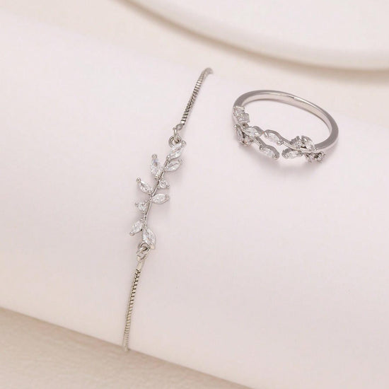 2pcs Fashion Silver Horse Eye Crystal Zircon Leaf Bracelet And Ring,Pulling Bracelet Suitable For Women&