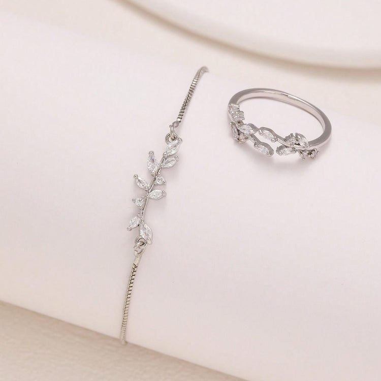 2pcs Fashion Silver Horse Eye Crystal Zircon Leaf Bracelet And Ring,Pulling Bracelet Suitable For Women&
