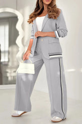 2 Pcs Set Women Suit Coat Pants Suit Lapel Long Sleeves Lady Jacket Wide Leg High Waist Trousers Female Commuting Office Outfit - PULSE MART