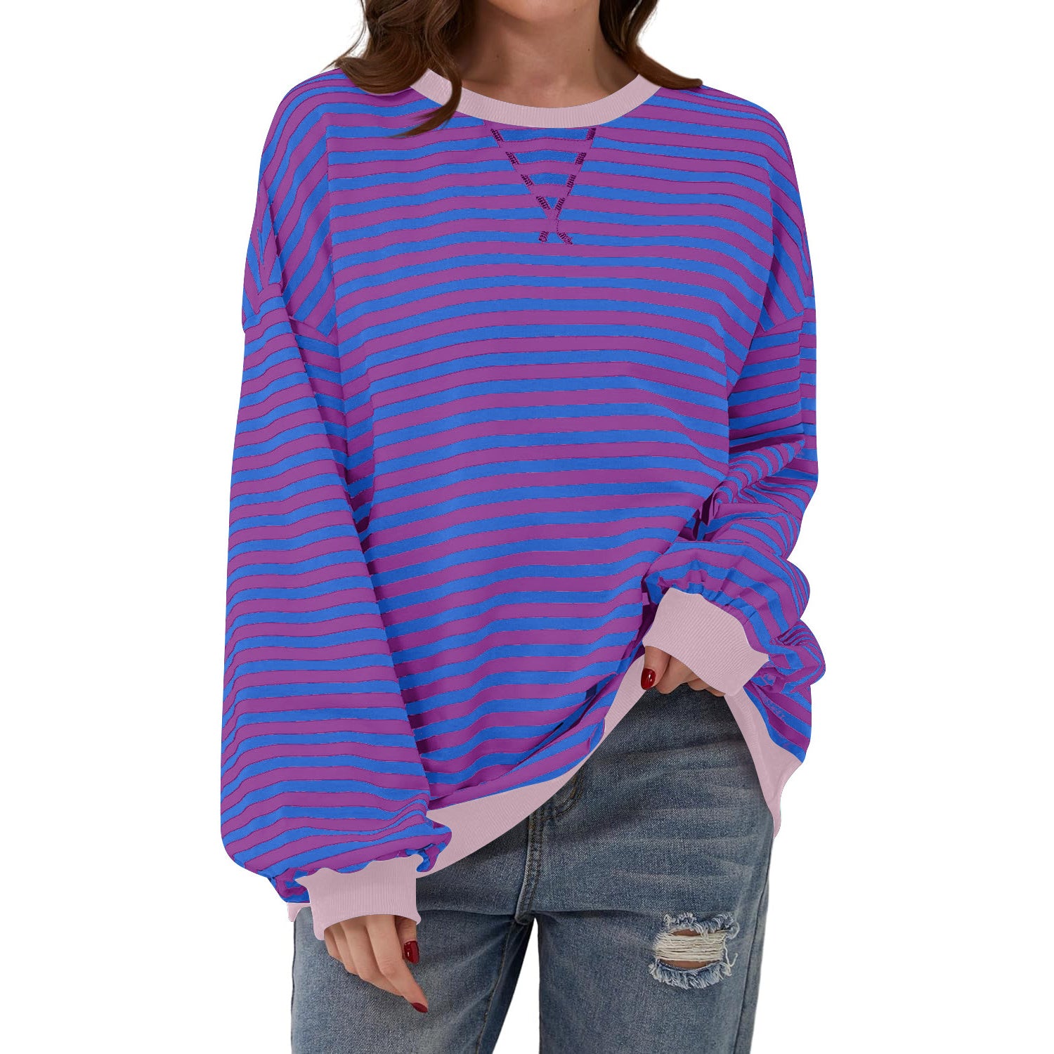 Loose Striped Long Sleeve T-shirt Casual Pullover Sweater For Womens Clothing - PULSE MART